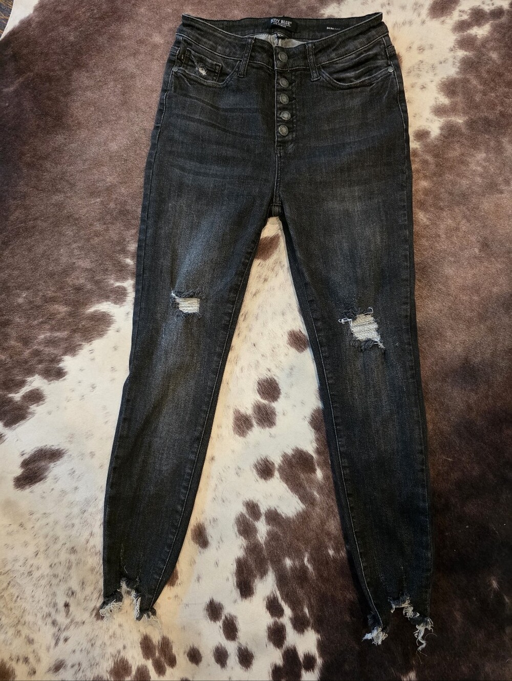 Judy Blue 7/28 Black Distressed Skinny Jeans Button Fly Raw Hem